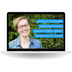 A person with short hair and glasses smiles, wearing a denim jacket, in front of a leafy background. Text on the image reads: How to get clear on your PhD career path so you can confidently market yourself for jobs you actually want.