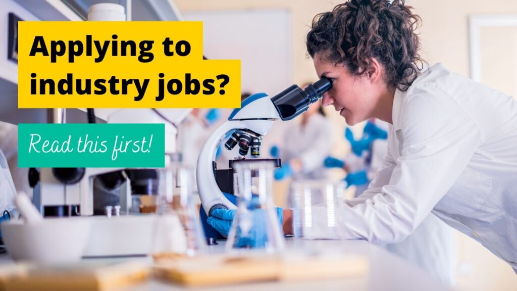 Scientist looking into a microscope in a lab. Test overlap: "Applying to industry jobs? Read this first!"